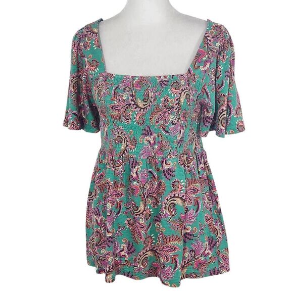 Fat Face Green and Pink Paisley Boho Smocked Top with Square Neckline NWT Size 4 - Picture 1 of 10